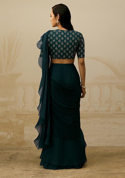 Green Georgette Sequin Embroidered Blouse Pre Draped Saree Set