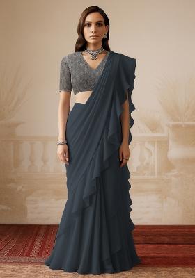 Grey Georgette Sequin Embroidered Blouse Pre Draped Saree Set