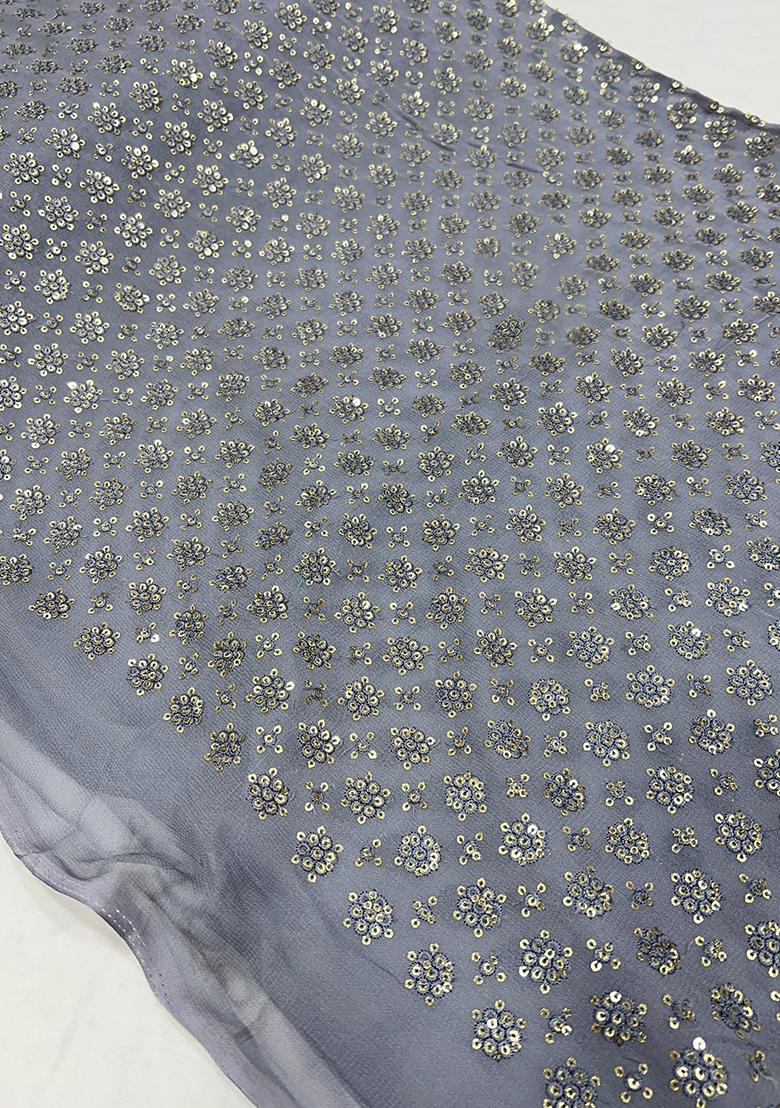 Grey Georgette Sequin Embroidered Blouse Pre Draped Saree Set - Indya