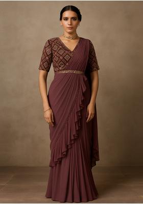 Mulberry Georgette Embroidered Blouse Pre Draped Saree Set