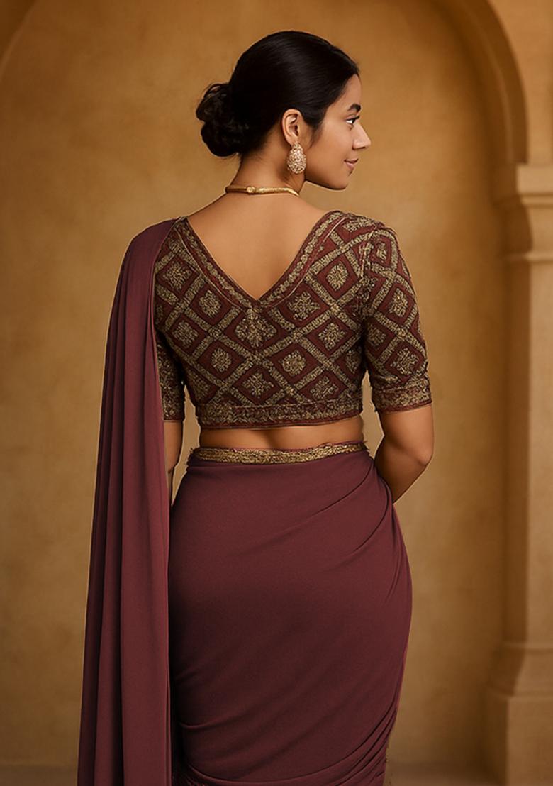 Mulberry Georgette Embroidered Blouse Pre Draped Saree Set - Indya