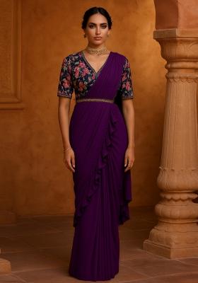 Maroon Georgette Embroidered Blouse Pre Draped Saree Set