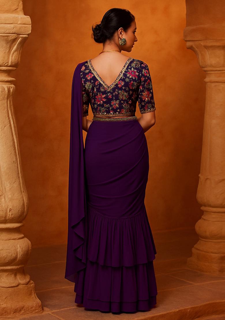 Maroon Georgette Embroidered Blouse Pre Draped Saree Set