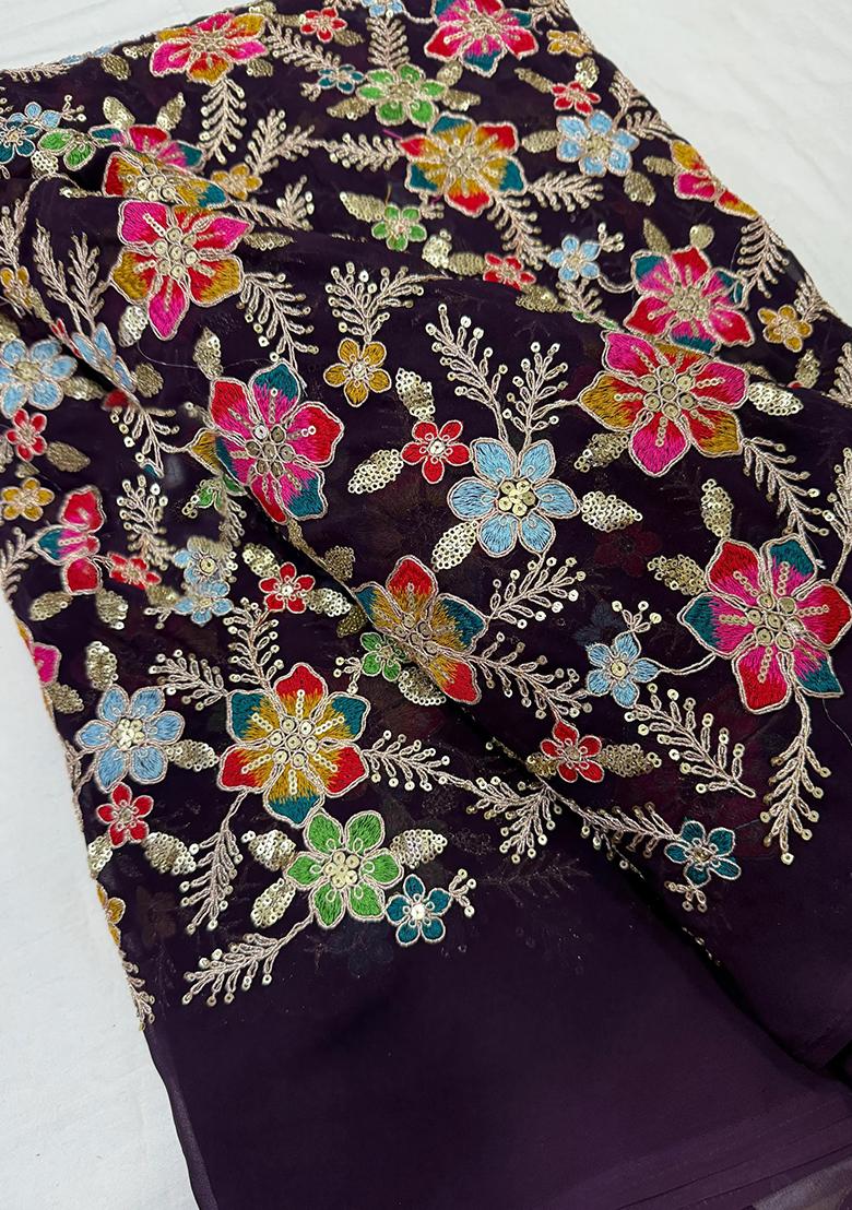 Maroon Georgette Embroidered Blouse Pre Draped Saree Set