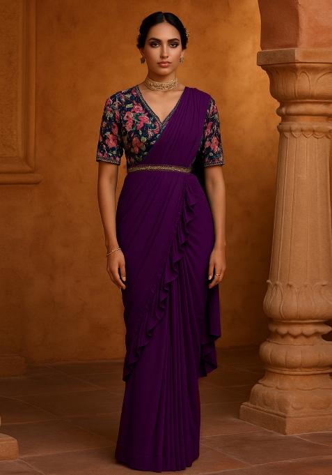 Maroon Georgette Embroidered Blouse Pre Draped Saree Set