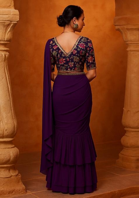 Maroon Georgette Embroidered Blouse Pre Draped Saree Set