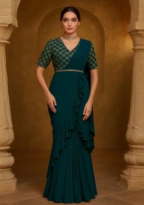 Teal Green Georgette Embroidered Blouse Pre Draped Saree Set