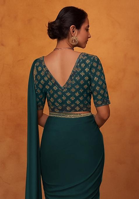 Teal Green Georgette Embroidered Blouse Pre Draped Saree Set