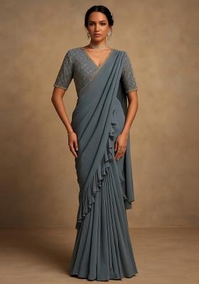 Grey Georgette Embroidered Blouse Pre Draped Saree Set