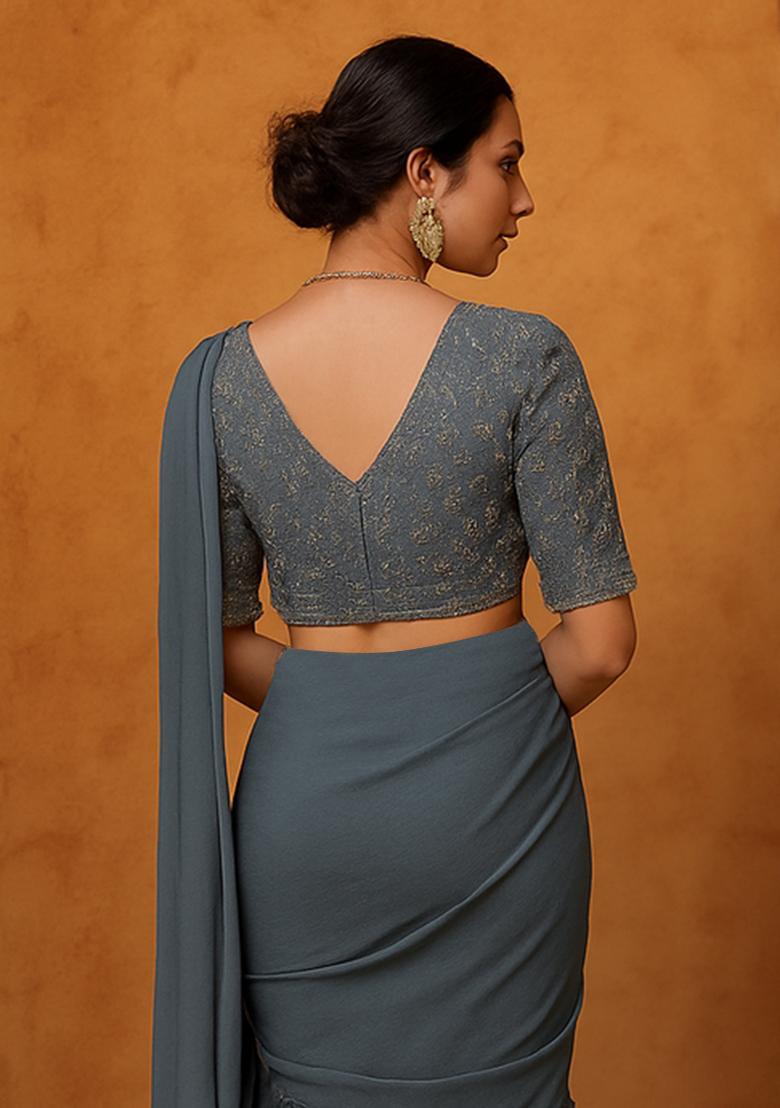 Grey Georgette Embroidered Blouse Pre Draped Saree Set - Indya