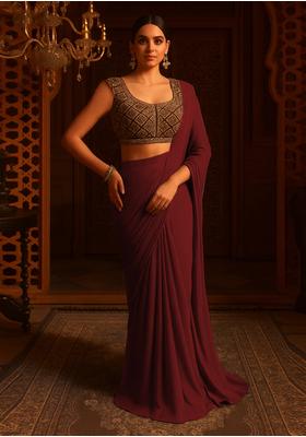Deep Maroon Georgette Sequin Embroidered Blouse Pre Draped Saree Set
