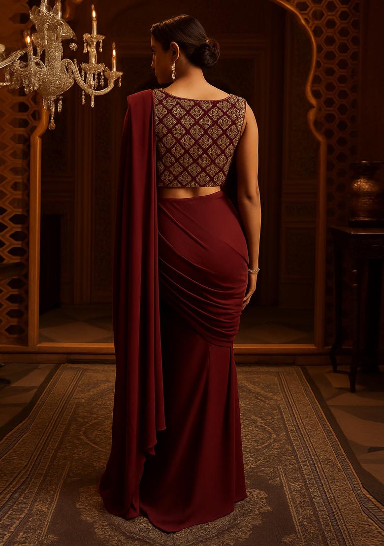 Deep Maroon Georgette Sequin Embroidered Blouse Pre Draped Saree Set - Indya
