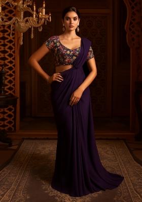 Purple Georgette Embroidered Blouse Pre Draped Saree Set