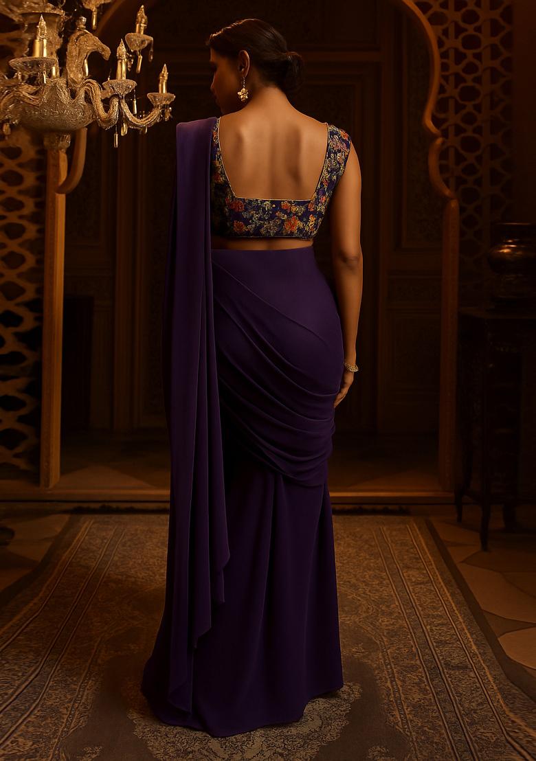 Purple Georgette Embroidered Blouse Pre Draped Saree Set - Indya