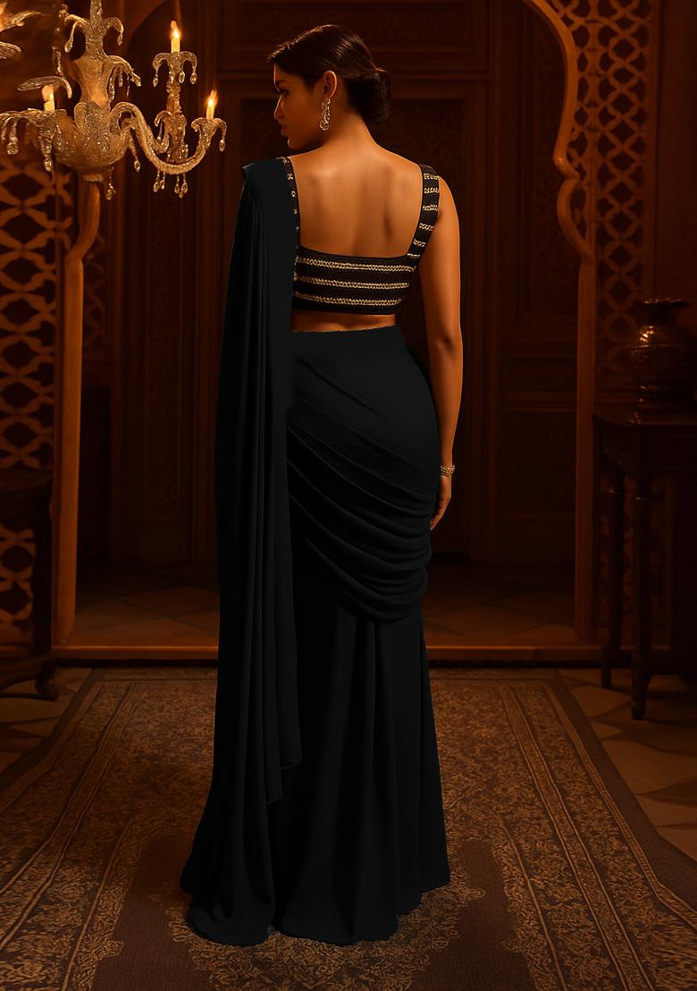 Black Georgette Embroidered Blouse Pre Draped Saree Set
