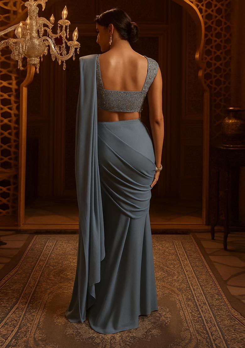 Grey Georgette Embroidered Blouse Pre Draped Saree Set - Indya