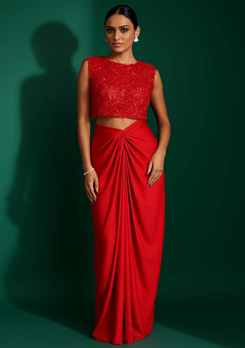 Red Satin Embellished Blouse Fusion Set - Indya