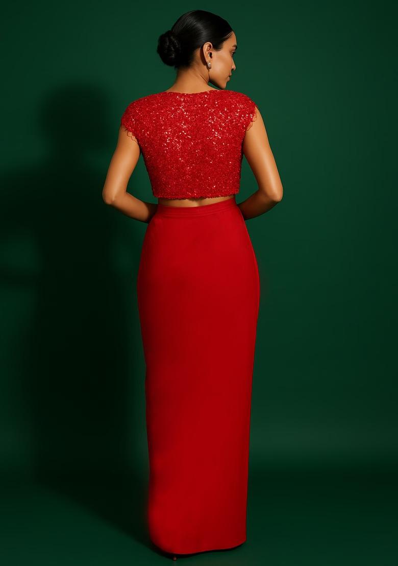 Red Satin Embellished Blouse Fusion Set - Indya