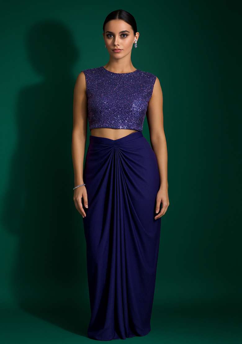 Royal Blue Satin Embellished Blouse Fusion Set - Indya