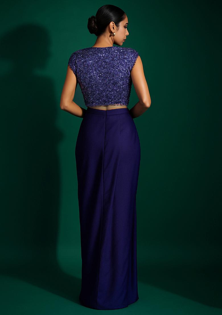 Royal Blue Satin Embellished Blouse Fusion Set - Indya