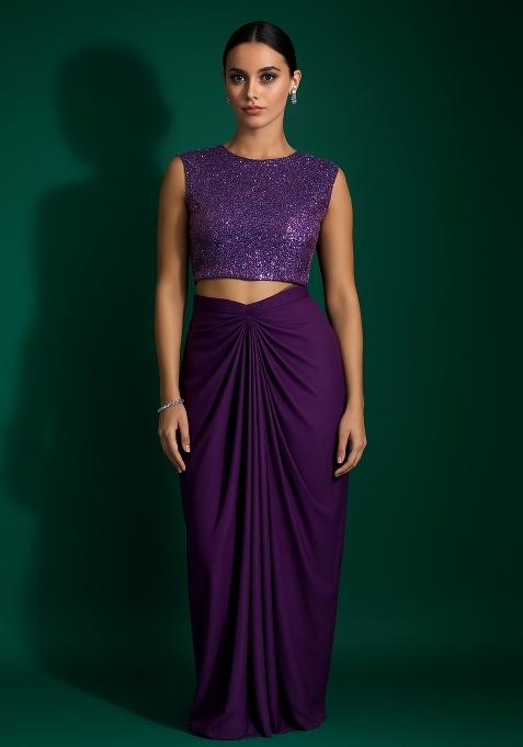 Royal Blue Satin Embellished Blouse Fusion Set