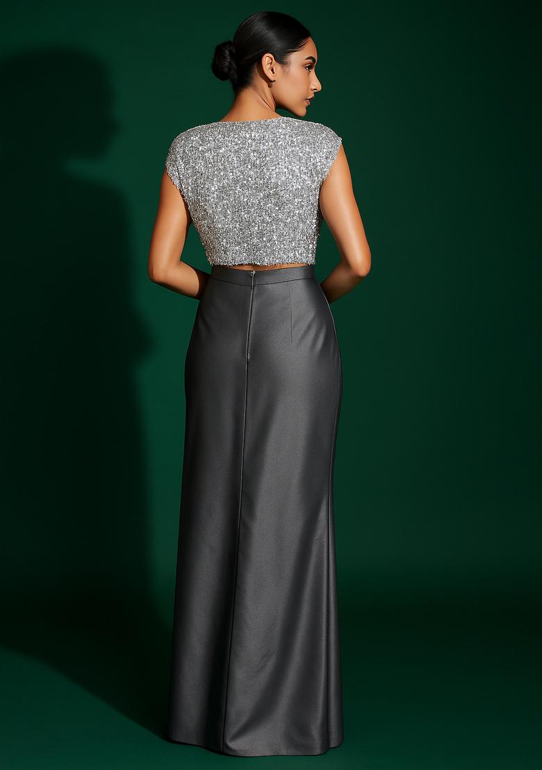 Dark Grey Georgette Embellished Blouse Fusion Set - Indya