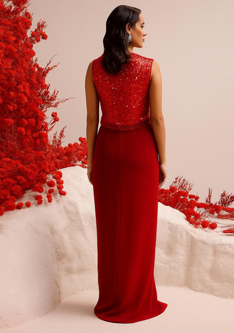 Red Satin Sequin Embellished Jacket Fusion Set - Indya