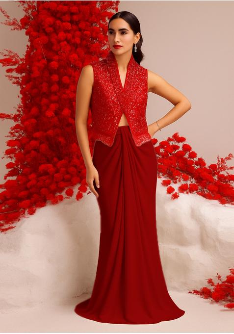 Red Satin Sequin Embellished Jacket Fusion Set