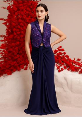 Dark Blue Satin Embellished Jacket Fusion Set