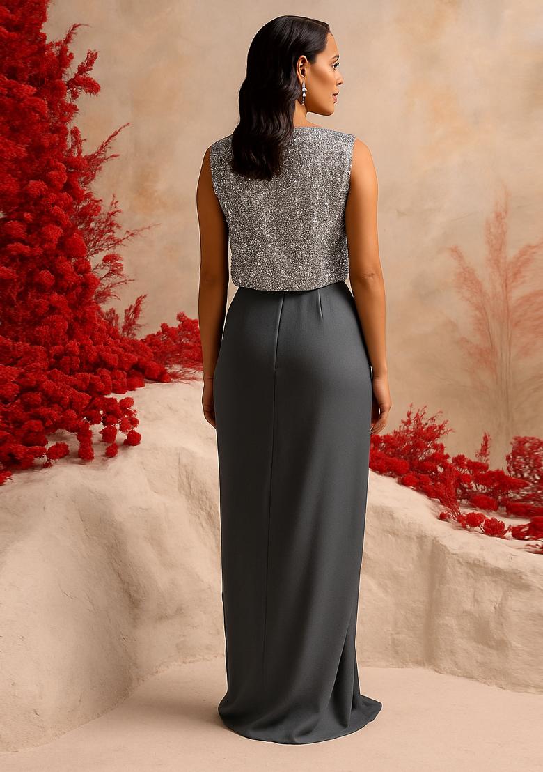 Grey Satin Embellished Jacket Fusion Set - Indya