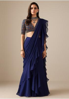 Blue Embroidered Chiffon Pre Draped Saree Set