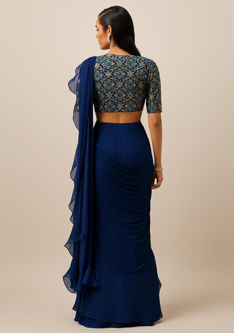 Blue Embroidered Chiffon Pre Draped Saree Set - Indya