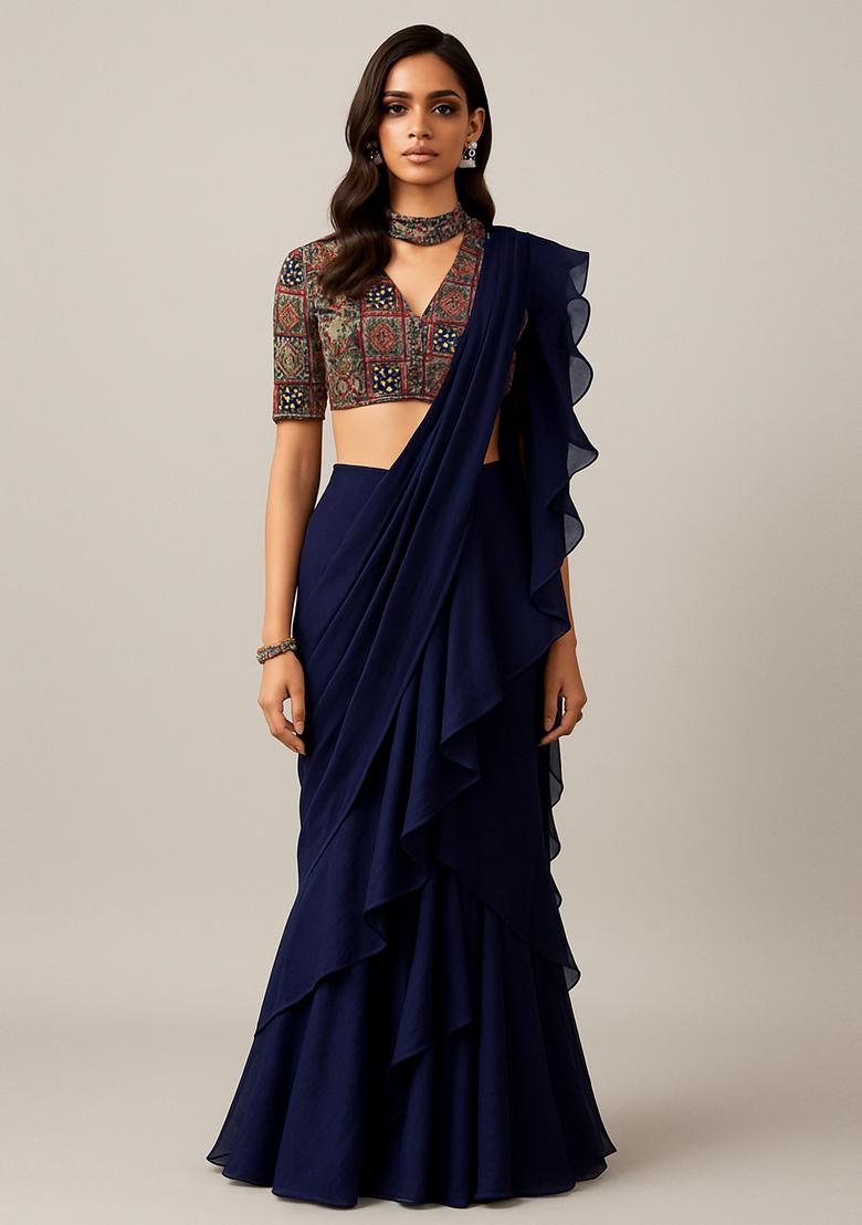 Blue Sequin Embroidered Blouse Georgette Pre Draped Saree Set