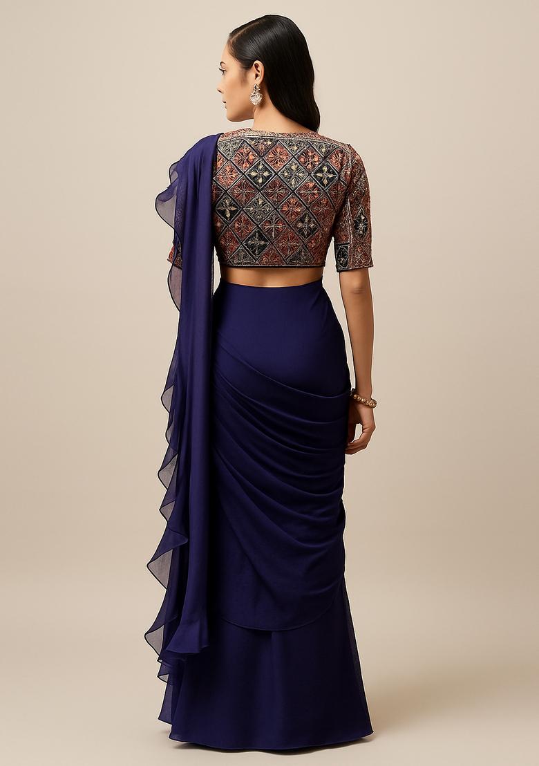 Blue Embroidered Chiffon Pre Draped Saree Set - Indya
