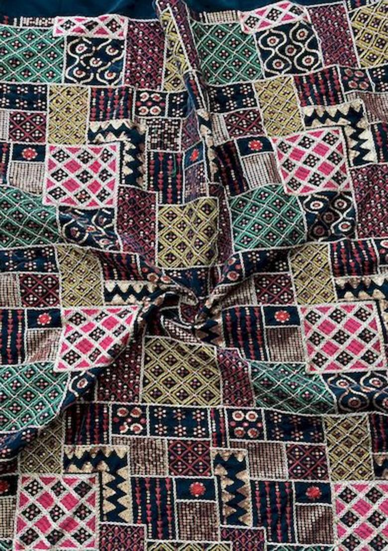 Blue Sequin Embroidered Blouse Georgette Pre Draped Saree Set