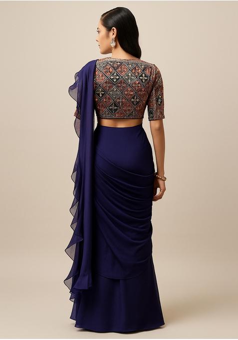 Blue Sequin Embroidered Blouse Georgette Pre Draped Saree Set