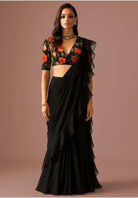 Black Printed Blouse Georgette Pre Draped Saree Set