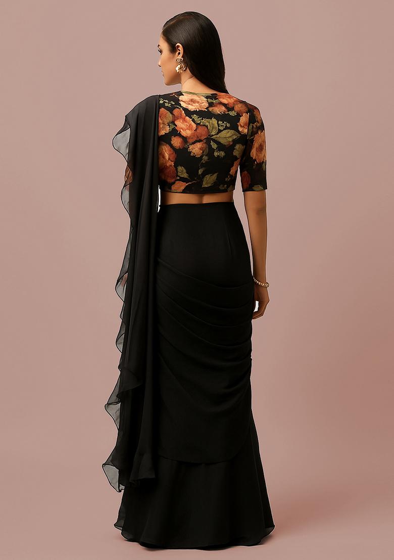 Black Embroidered Chiffon Pre Draped Saree Set - Indya
