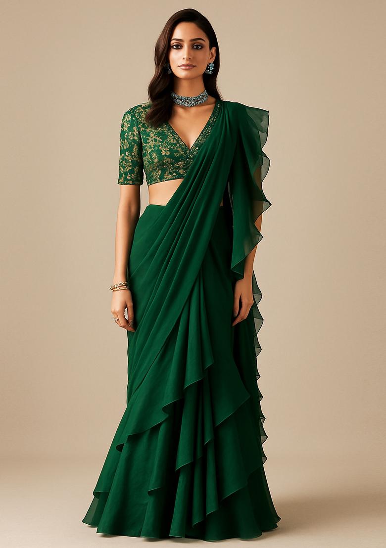 Green Sequin Embroidered Blouse Georgette Pre Draped Saree Set