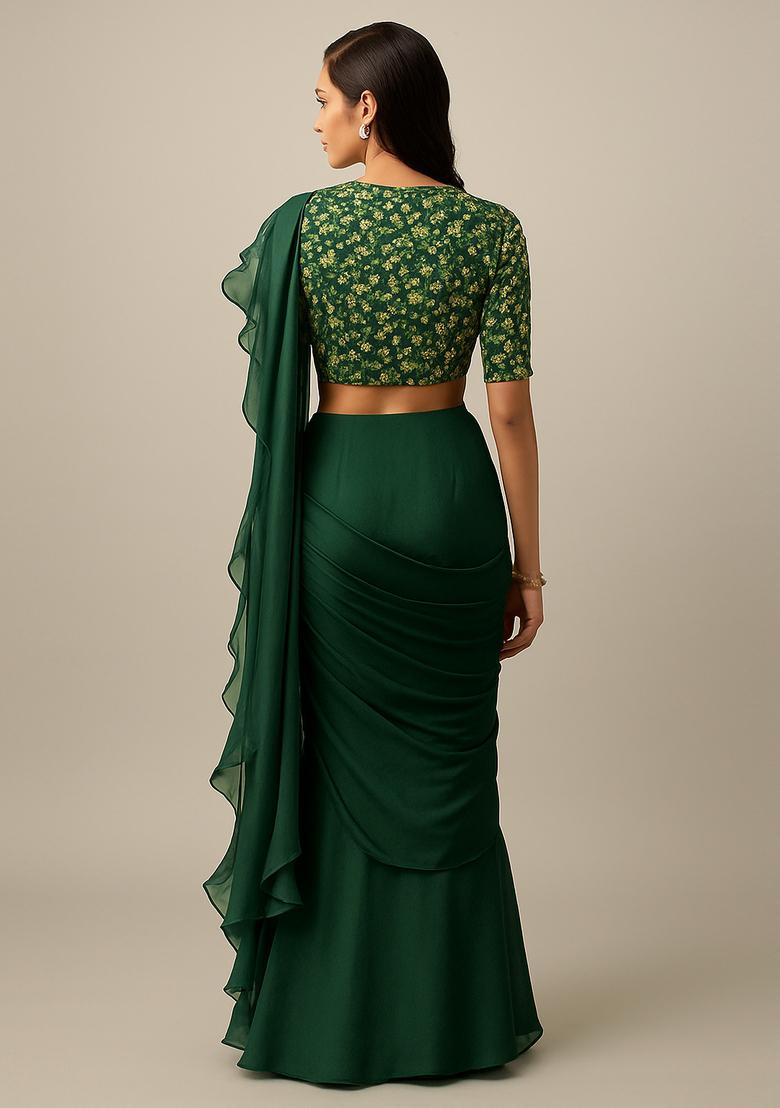 Green Embroidered Chiffon Pre Draped Saree Set - Indya