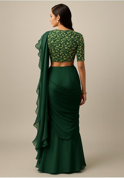 Green Sequin Embroidered Blouse Georgette Pre Draped Saree Set