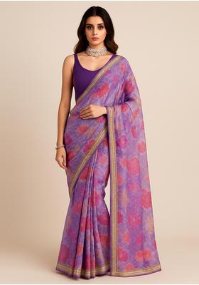 Purple Embroidered Crepe Pre Draped Saree Set