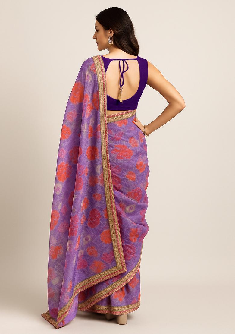 Purple Embroidered Crepe Pre Draped Saree Set - Indya