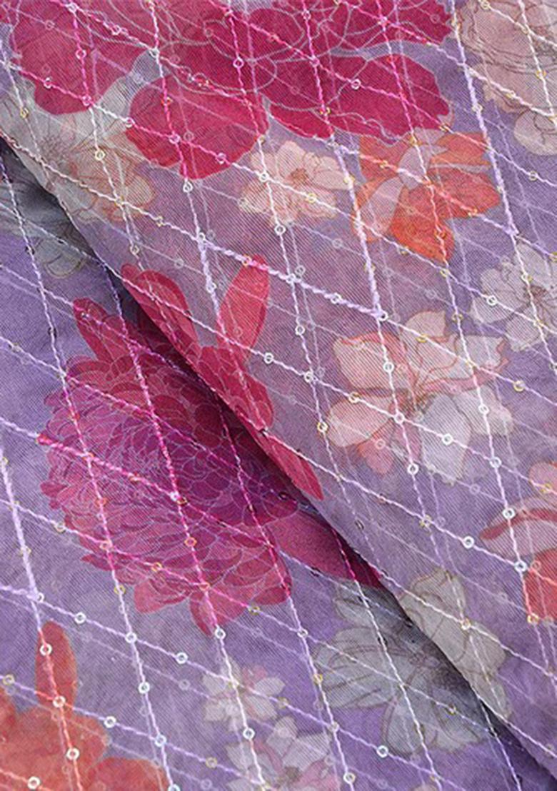 Purple Embroidered Crepe Pre Draped Saree Set - Indya