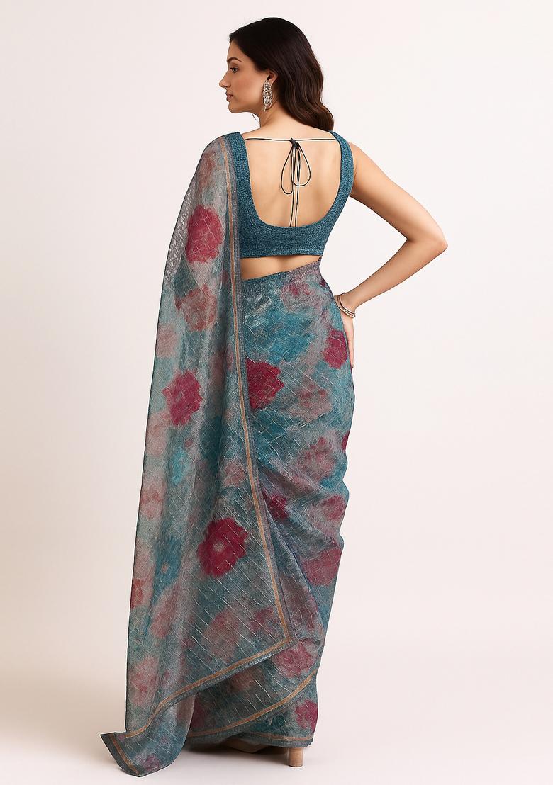 Teal Green Embroidered Crepe Pre Draped Saree Set - Indya