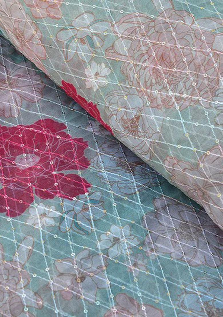 Teal Green Embroidered Crepe Pre Draped Saree Set - Indya