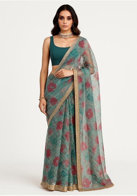 Teal Green Embroidered Crepe Pre Draped Saree Set