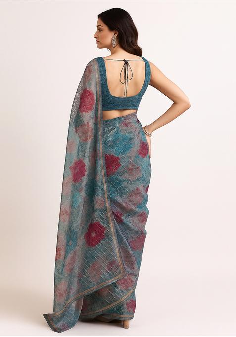Teal Green Embroidered Crepe Pre Draped Saree Set