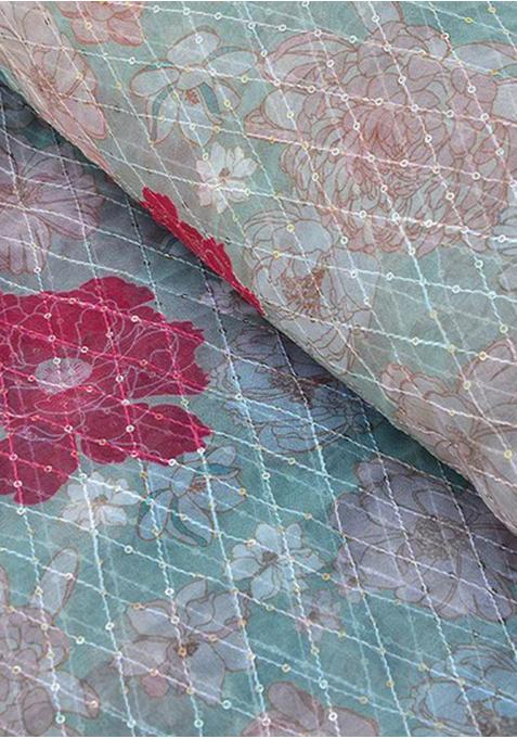 Teal Green Embroidered Crepe Pre Draped Saree Set