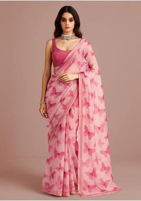 Pink Embroidered Crepe Pre Draped Saree Set